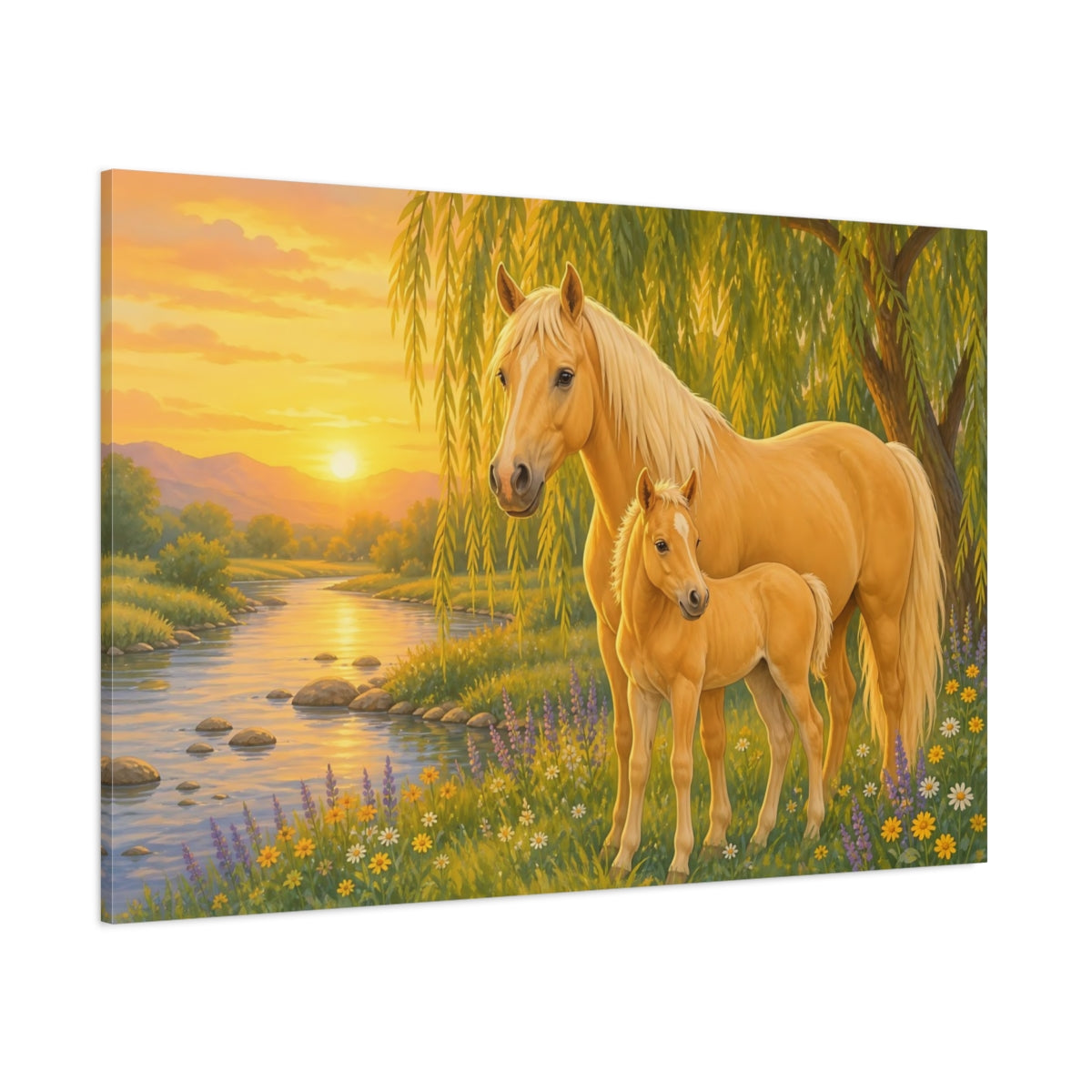 Side Mockup 1. Animals Horse And Foal Golden Horses shown as canvas print