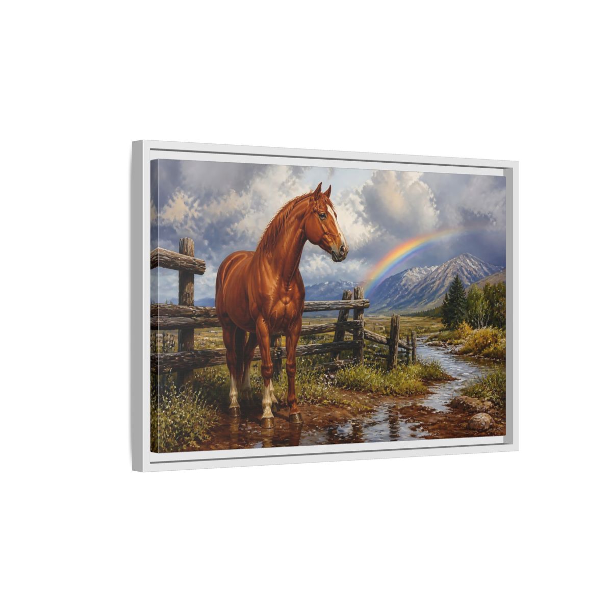 Side Mockup 1. Animals Horse Horse And Rainbow shown as stretched canvas wall art