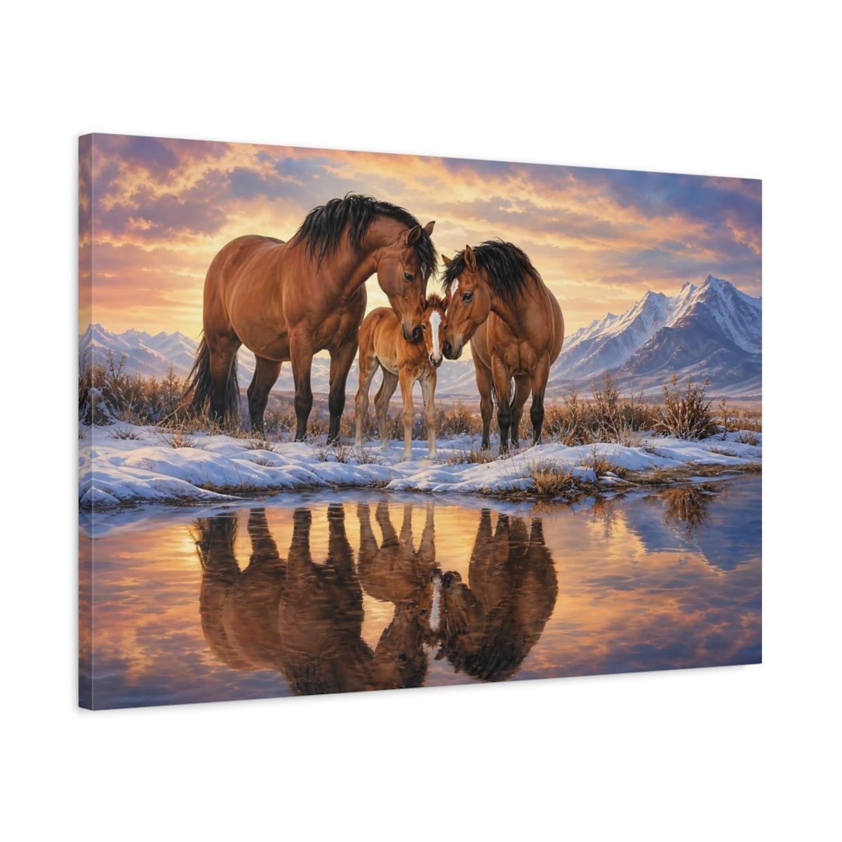 Side Mockup 2. Animals Horse Family Brown And Orange shown as stretched canvas wall art