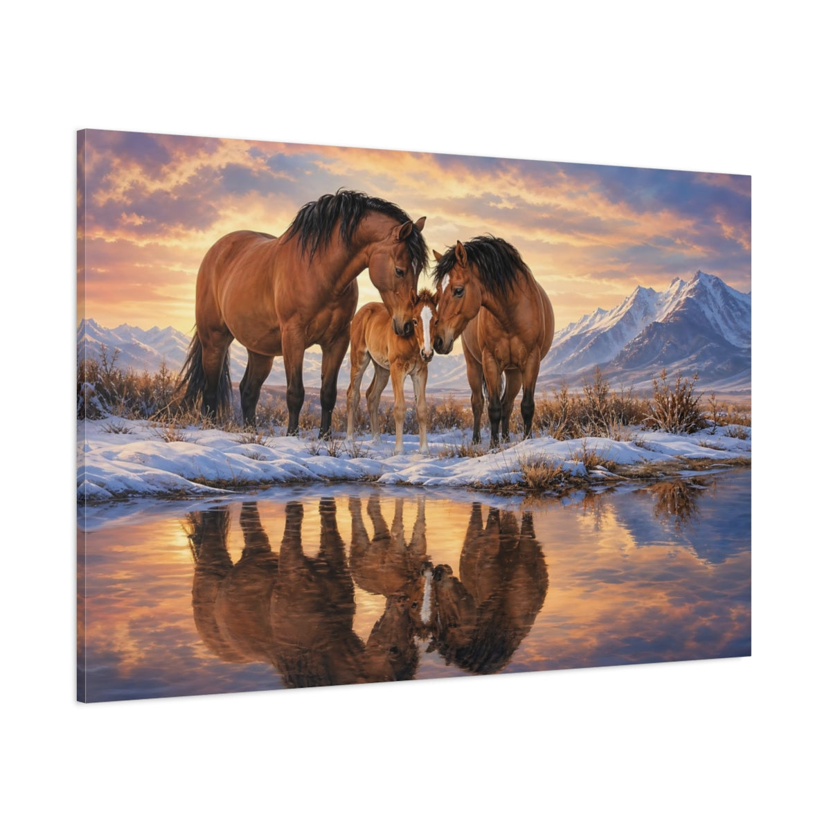 Side Mockup 1. Animals Horse Family Brown And Orange shown as stretched canvas wall art