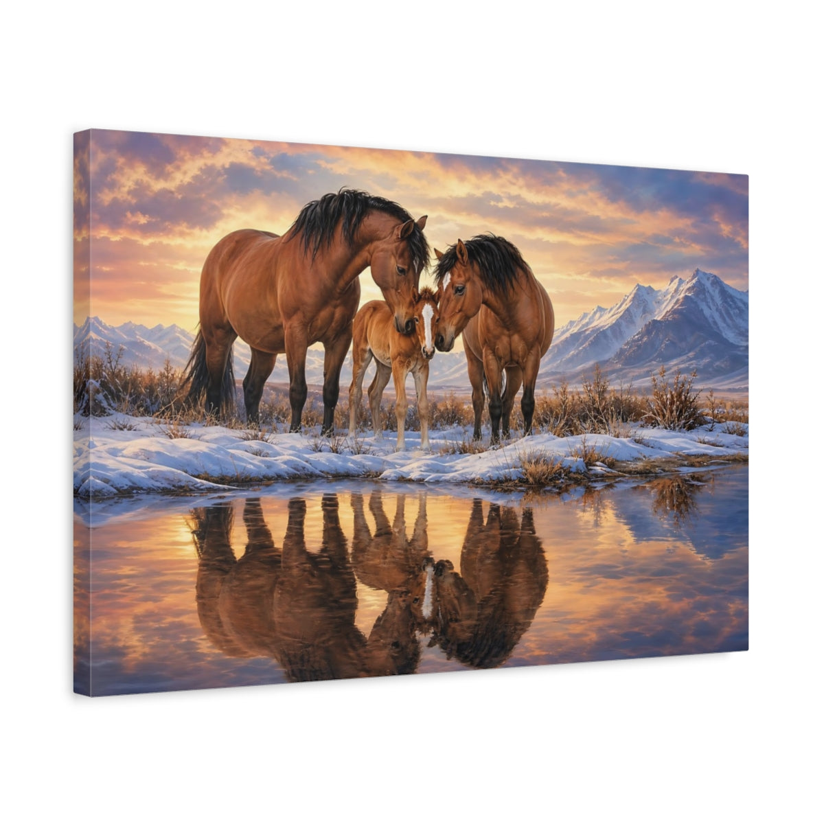 Side Mockup 3. Animals Horse Family Brown And Orange shown as stretched canvas wall art