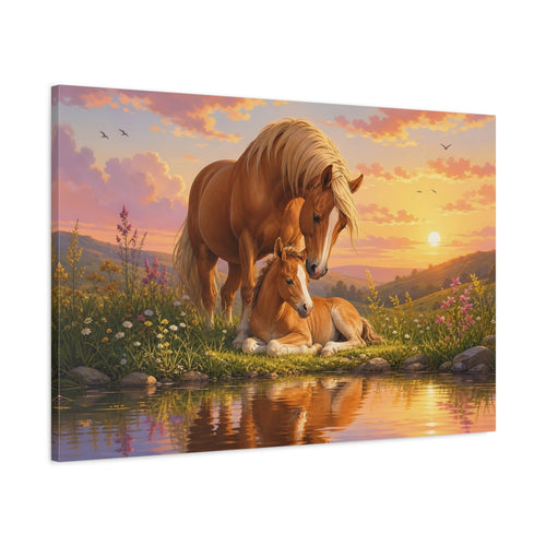 Main Mockup. Animals Horse Family Orange And Pink shown as stretched canvas wall art