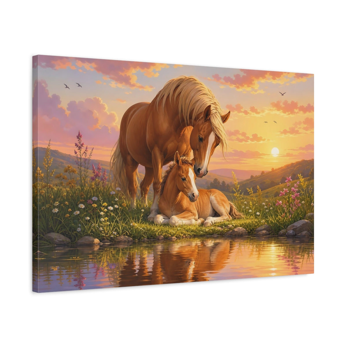 Side Mockup 2. Animals Horse Family Orange And Pink shown as stretched canvas wall art