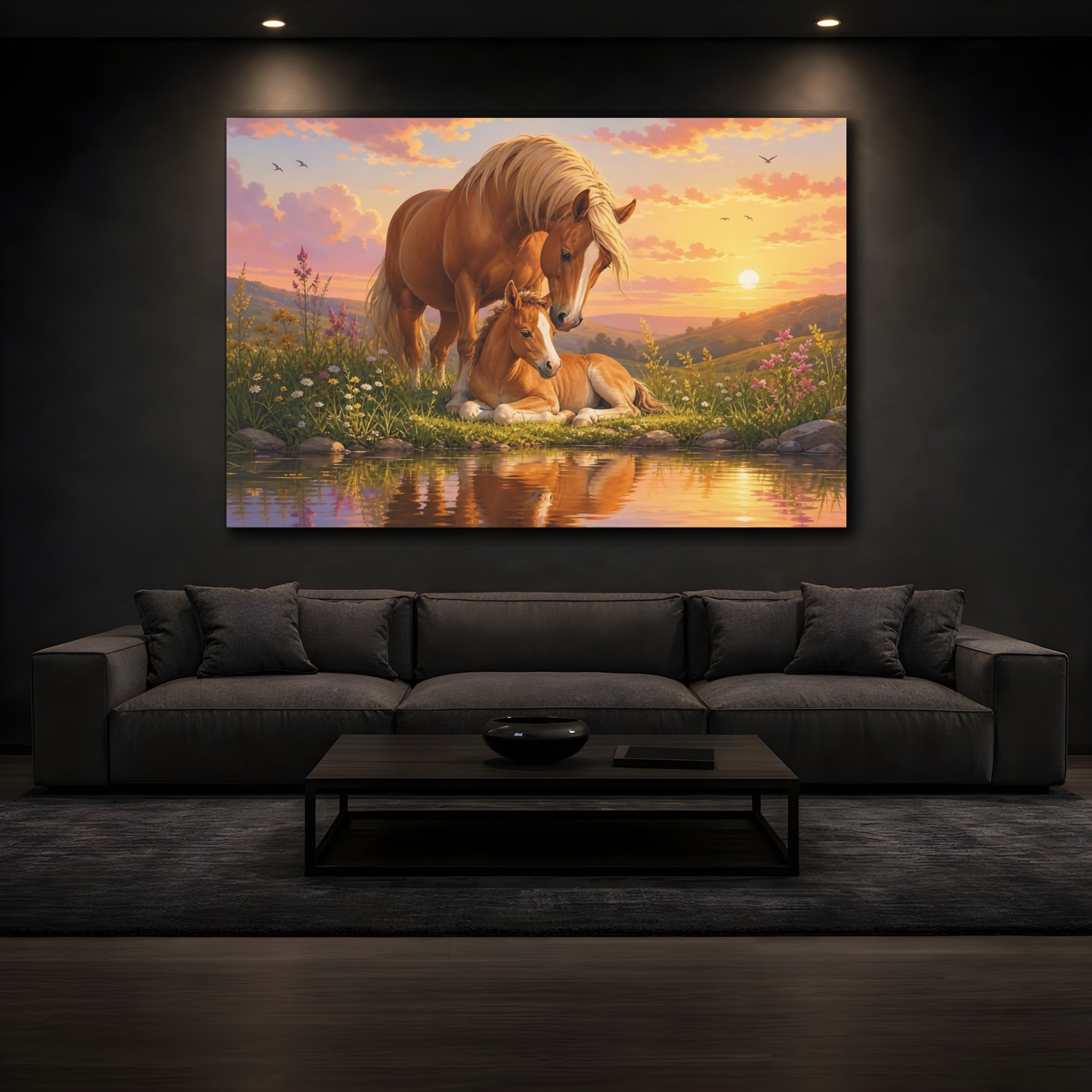 Mockup 3. Animals Horse Family Orange And Pink shown as stretched canvas wall art