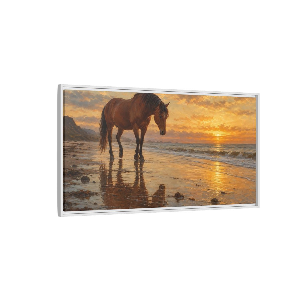Side Mockup 3. Animals Horse Golden Sunset Horse shown as stretched canvas wall art