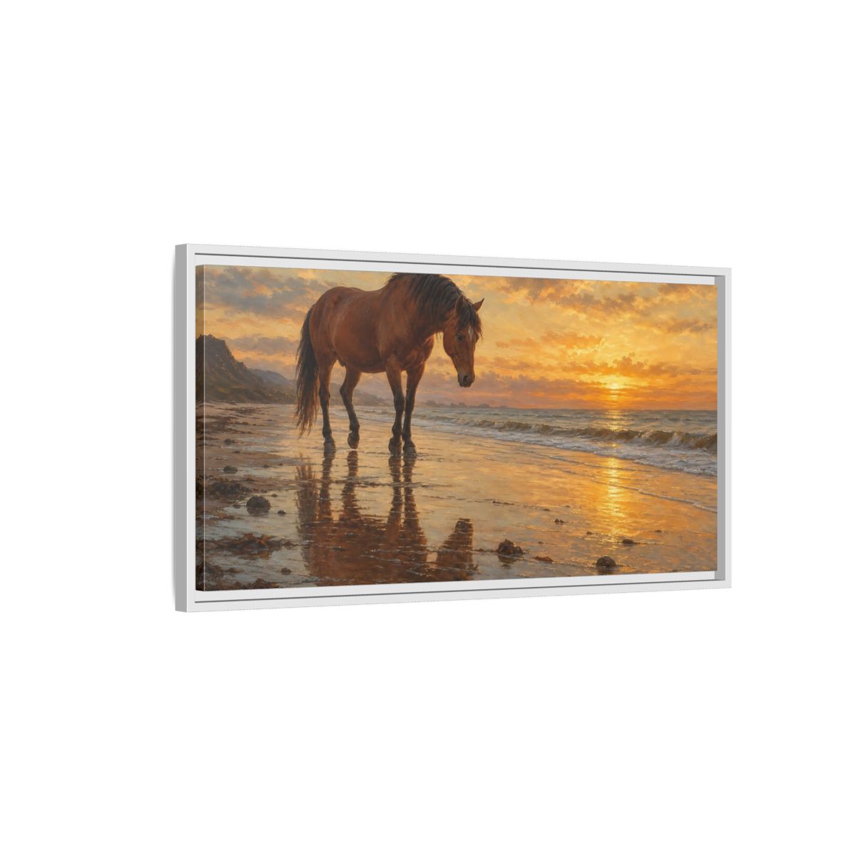 Side Mockup 1. Animals Horse Golden Sunset Horse shown as stretched canvas wall art