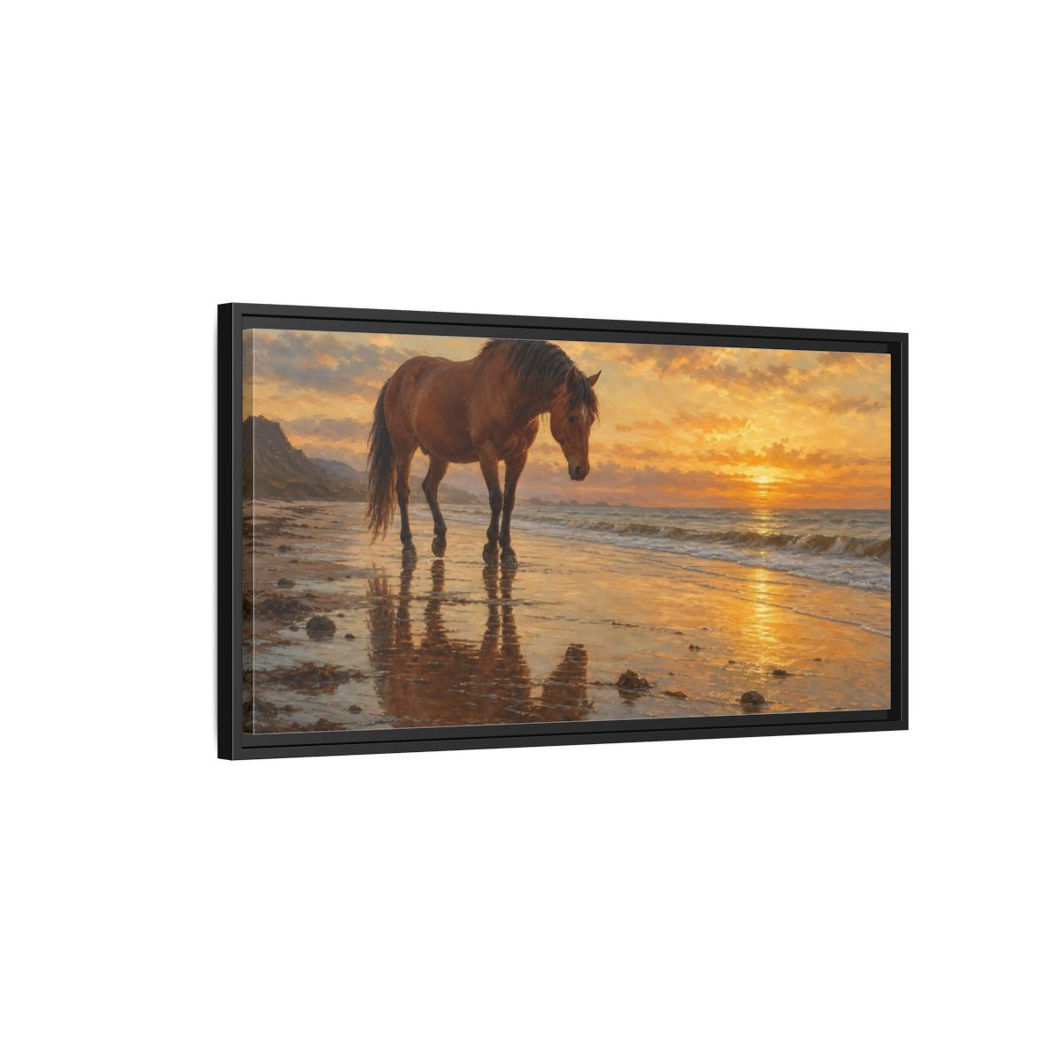 Side Mockup 2. Animals Horse Golden Sunset Horse shown as stretched canvas wall art