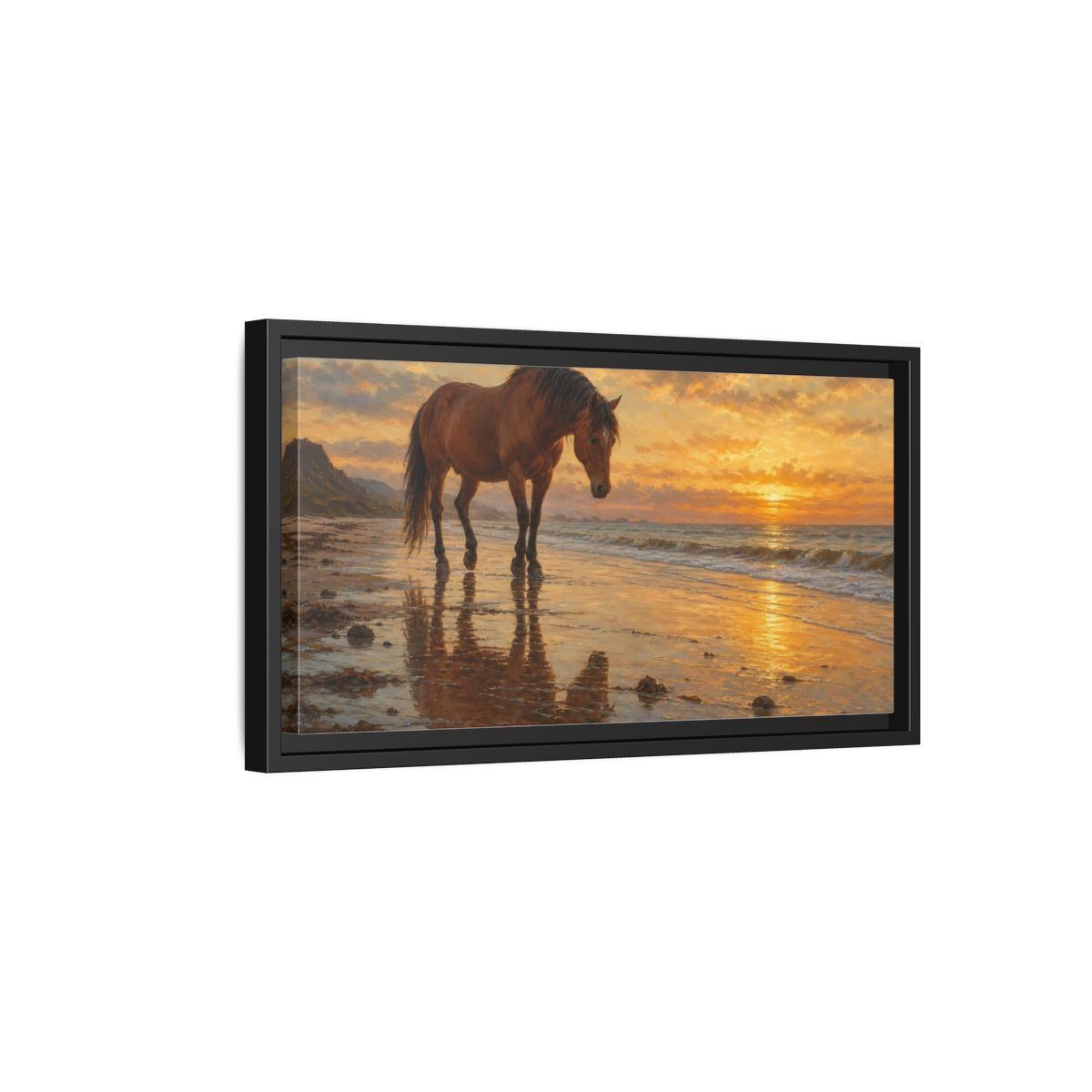 Side Mockup 8. Animals Horse Golden Sunset Horse shown as stretched canvas wall art