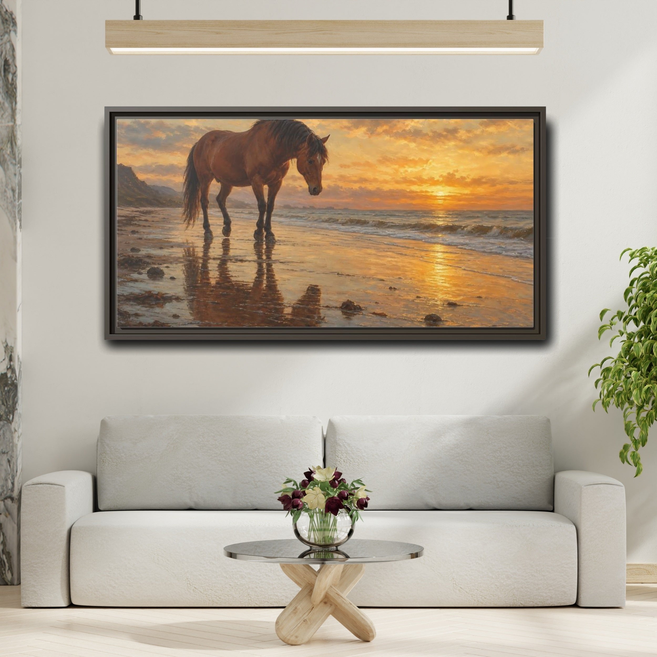 Mockup 2. Animals Horse Golden Sunset Horse shown as stretched canvas wall art