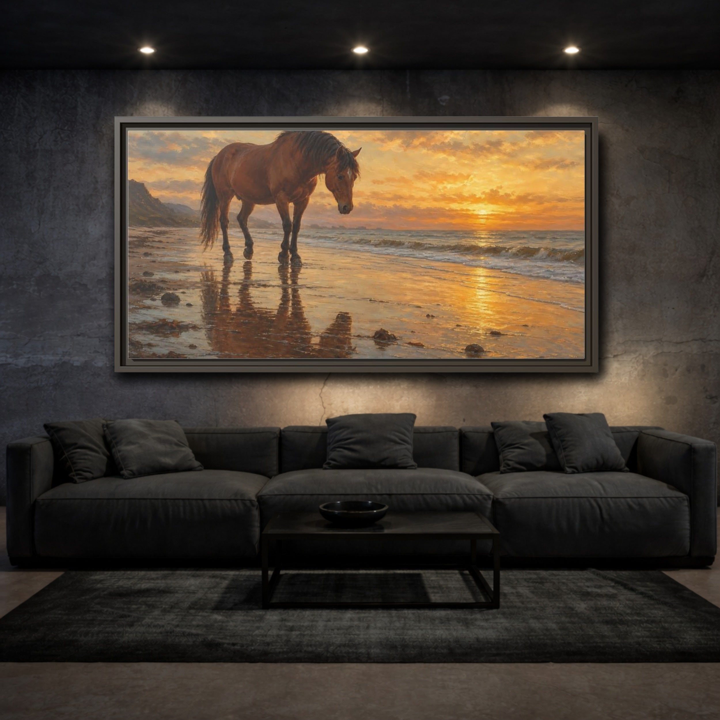 Mockup 3. Animals Horse Golden Sunset Horse shown as stretched canvas wall art