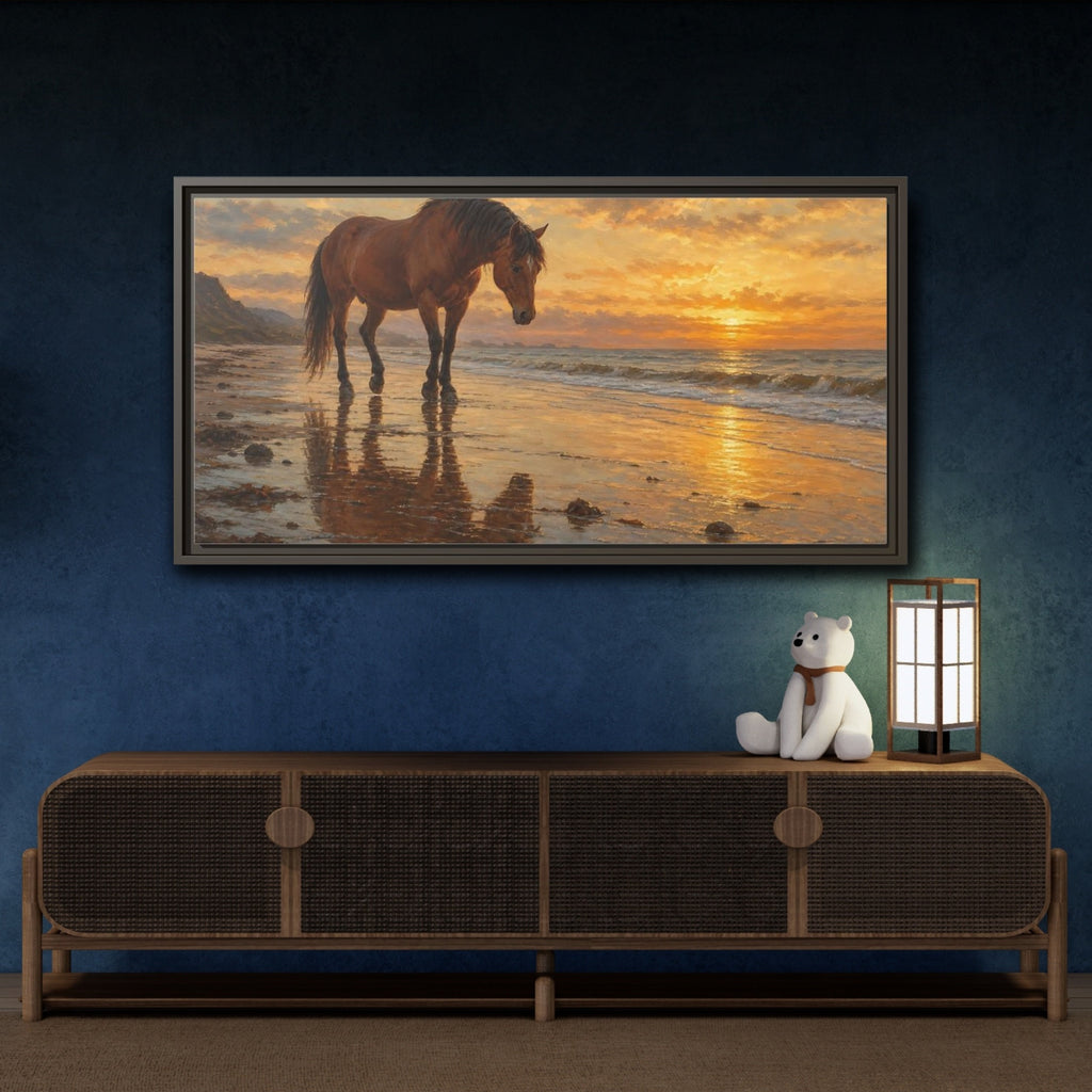 Mockup 4. Animals Horse Golden Sunset Horse shown as stretched canvas wall art