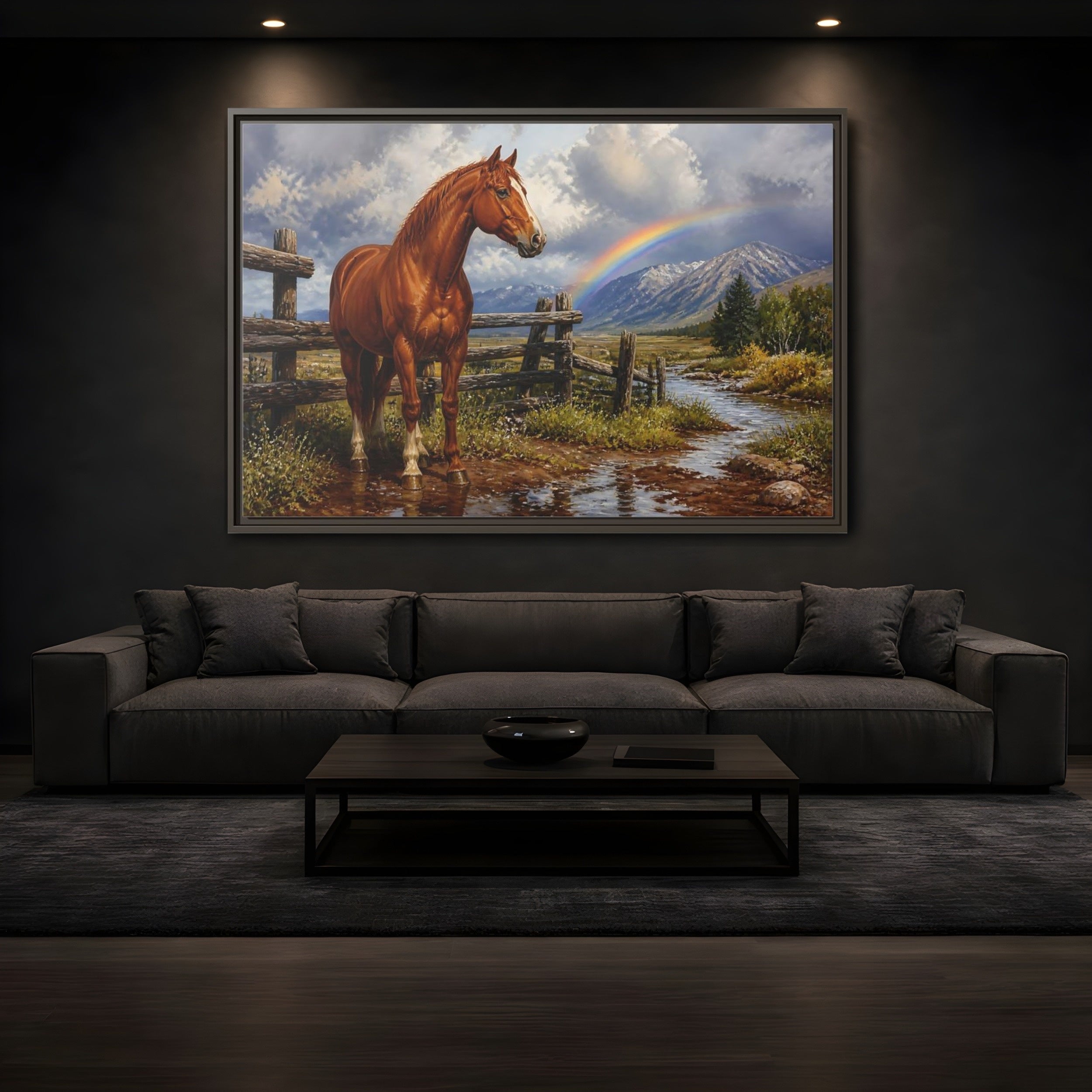 Mockup 3. Animals Horse Horse And Rainbow shown as stretched canvas wall art