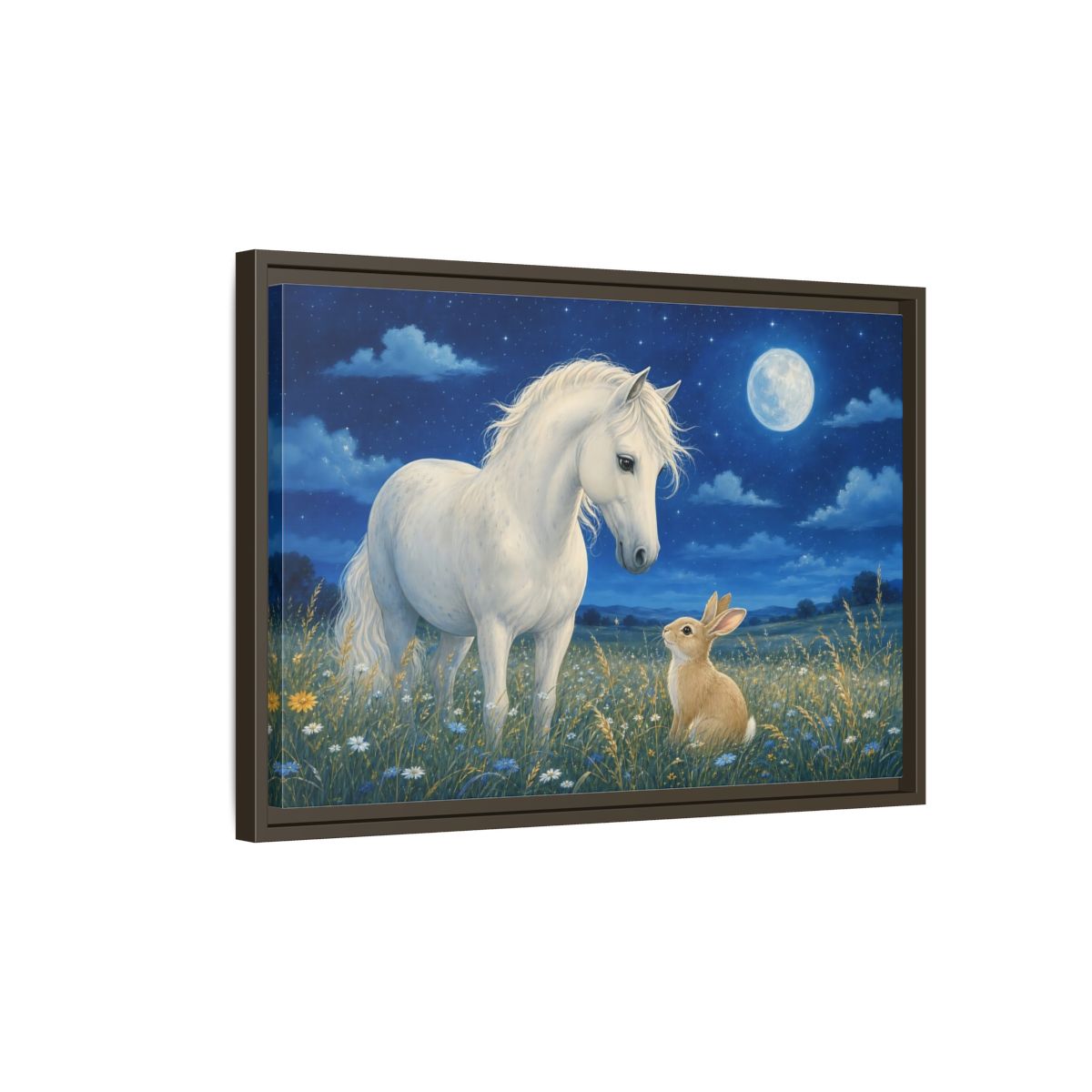 Side Mockup 2. Animals Horse, Rabbit Blue Night Animals shown as stretched canvas wall art