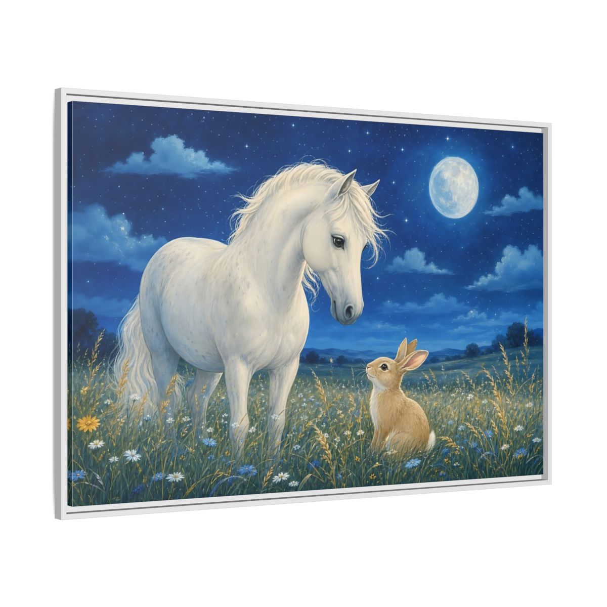 Side Mockup 7. Animals Horse, Rabbit Blue Night Animals shown as stretched canvas wall art