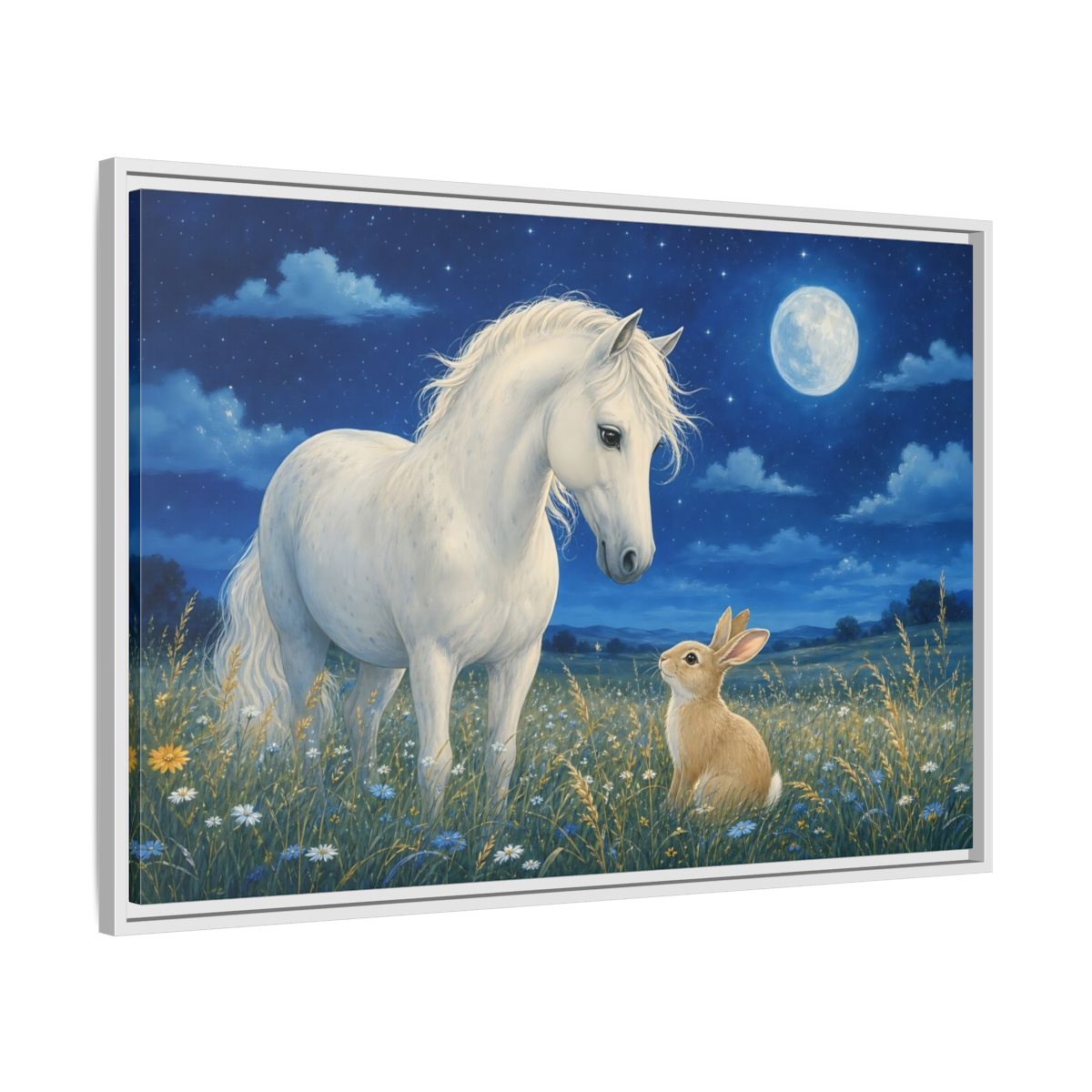 Side Mockup 9. Animals Horse, Rabbit Blue Night Animals shown as stretched canvas wall art