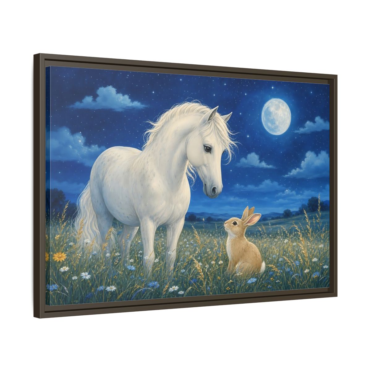 Side Mockup 11. Animals Horse, Rabbit Blue Night Animals shown as stretched canvas wall art