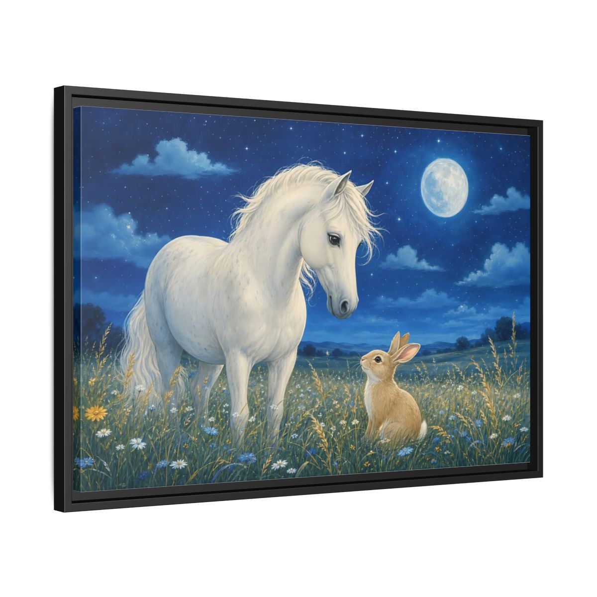 Side Mockup 14. Animals Horse, Rabbit Blue Night Animals shown as stretched canvas wall art