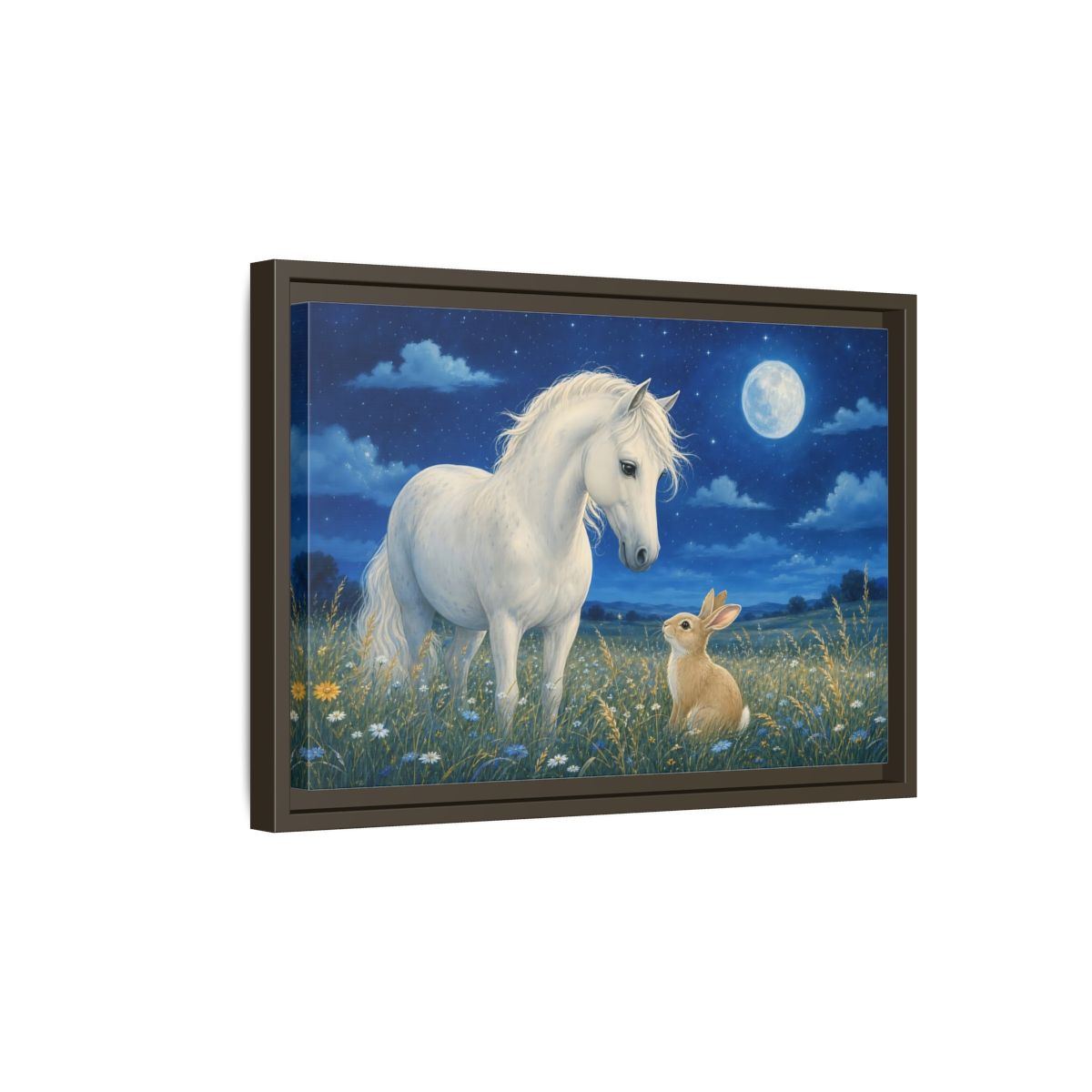 Side Mockup 5. Animals Horse, Rabbit Blue Night Animals shown as stretched canvas wall art
