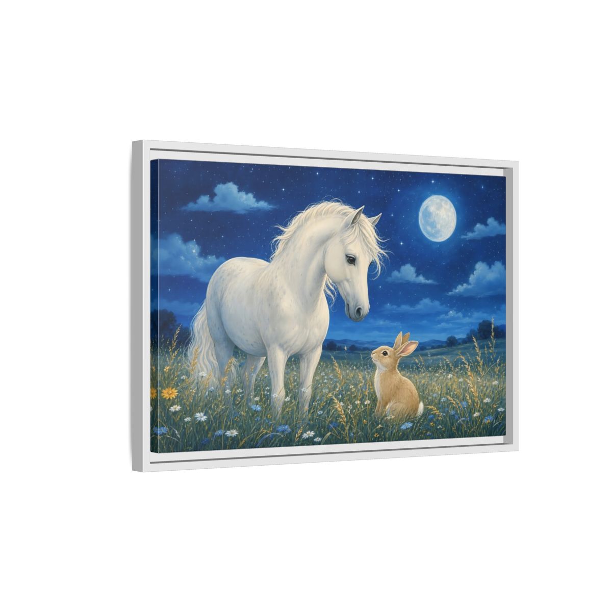 Side Mockup 1. Animals Horse, Rabbit Blue Night Animals shown as stretched canvas wall art