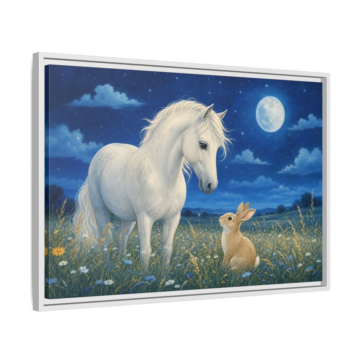 Side Mockup 10. Animals Horse, Rabbit Blue Night Animals shown as stretched canvas wall art