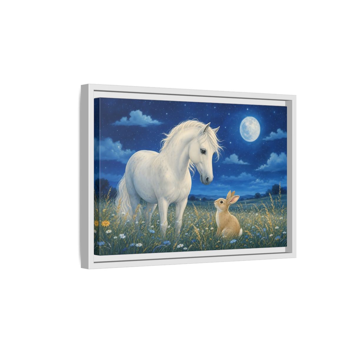 Side Mockup 4. Animals Horse, Rabbit Blue Night Animals shown as stretched canvas wall art