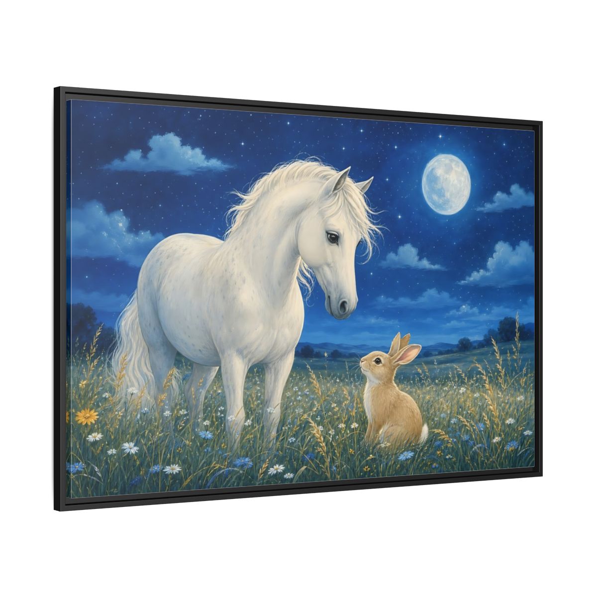 Side Mockup 12. Animals Horse, Rabbit Blue Night Animals shown as stretched canvas wall art