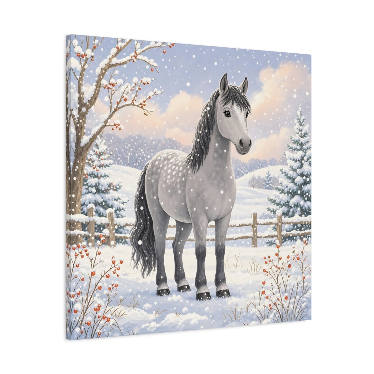 Side Mockup 3. Animals Horse Winter Grey Horse shown as stretched canvas wall art
