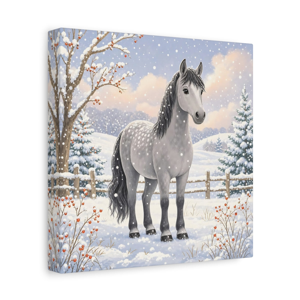 Side Mockup 9. Animals Horse Winter Grey Horse shown as stretched canvas wall art