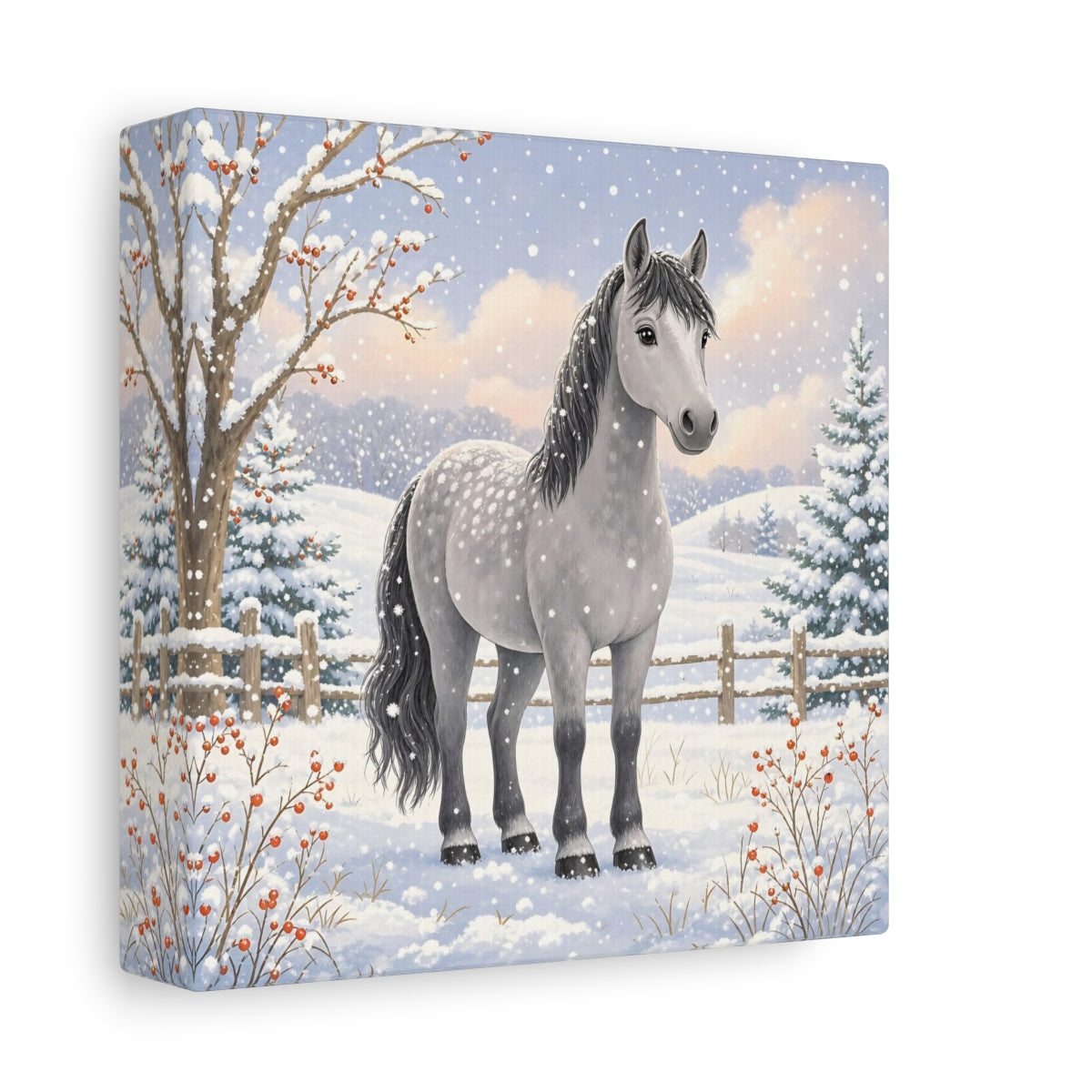 Side Mockup 2. Animals Horse Winter Grey Horse shown as stretched canvas wall art