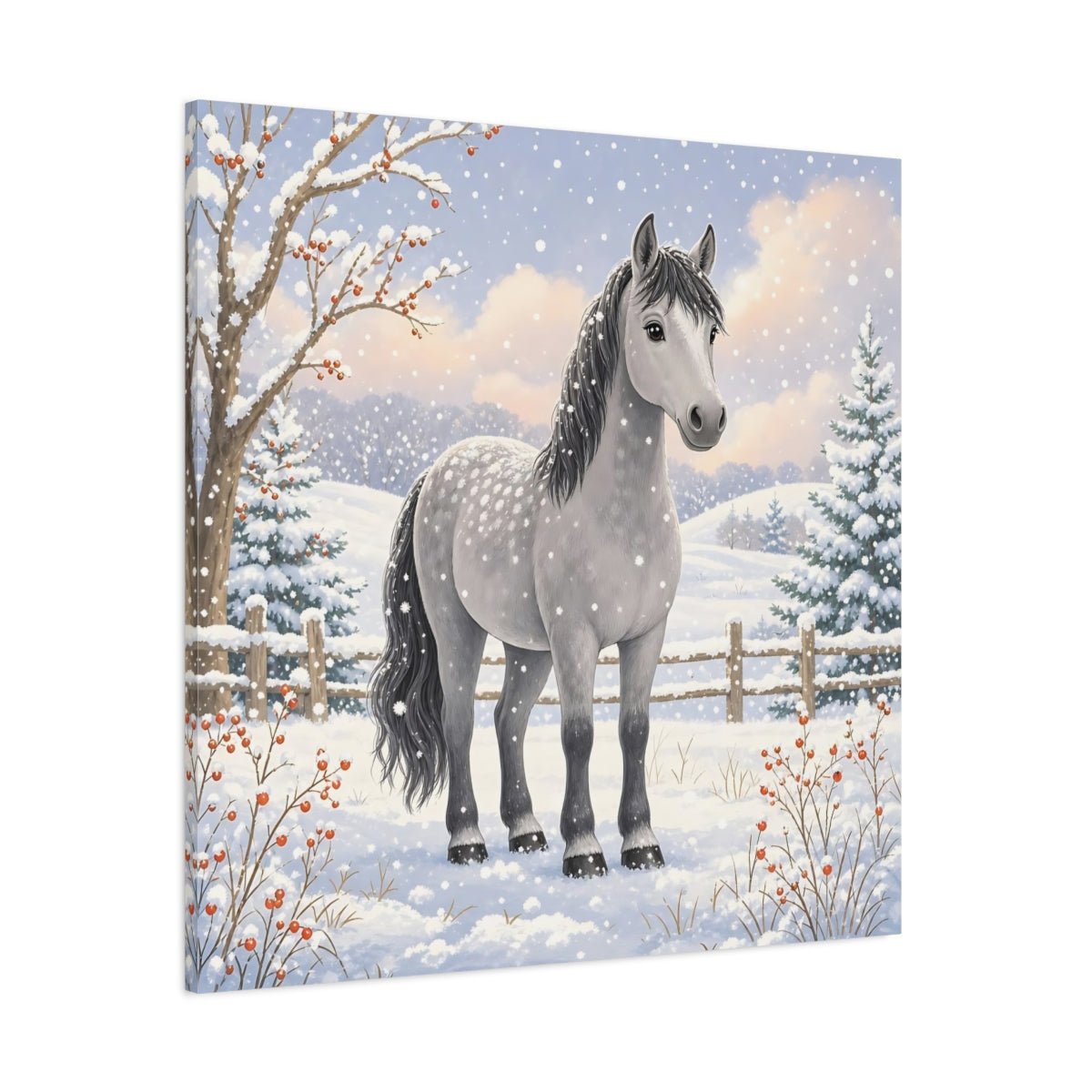 Side Mockup 1. Animals Horse Winter Grey Horse shown as stretched canvas wall art