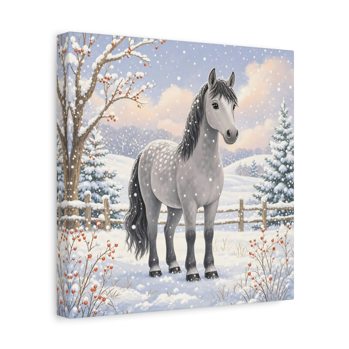 Side Mockup 8. Animals Horse Winter Grey Horse shown as stretched canvas wall art