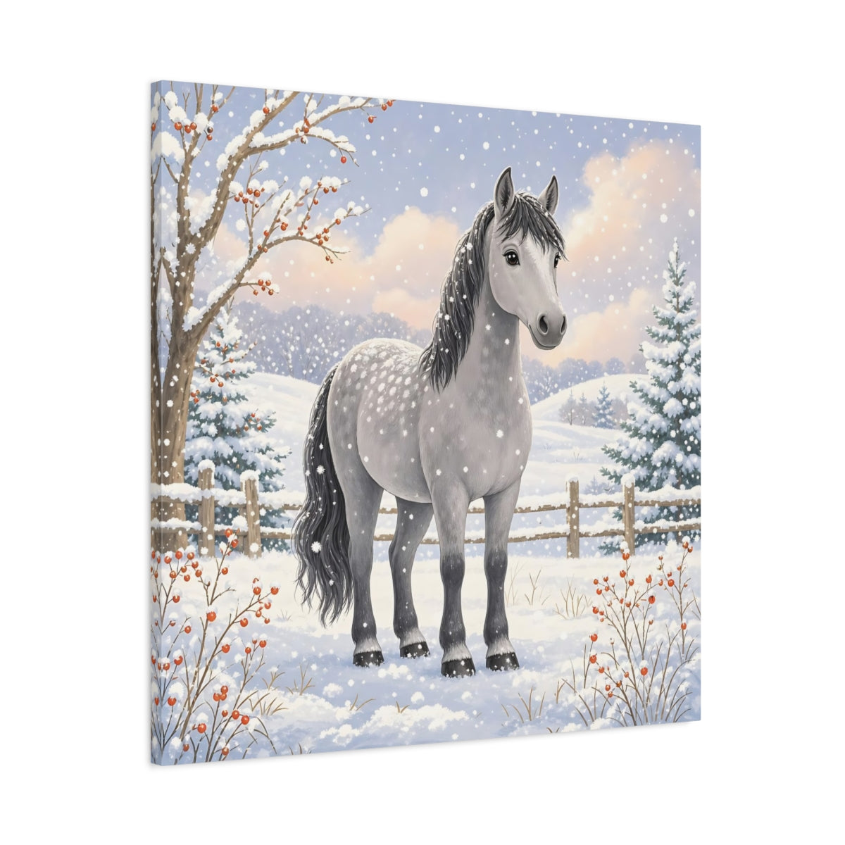 Main Mockup. Animals Horse Winter Grey Horse shown as stretched canvas wall art
