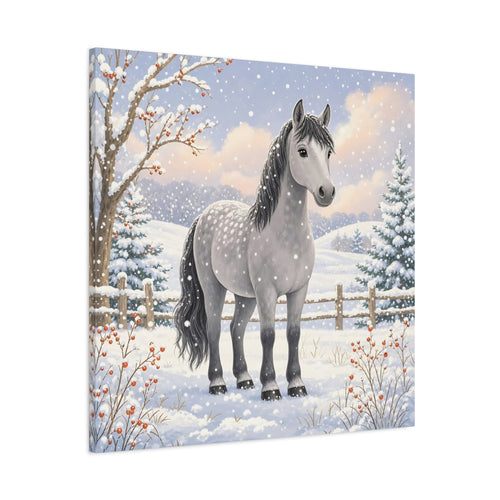 Main Mockup. Animals Horse Winter Grey Horse shown as stretched canvas wall art