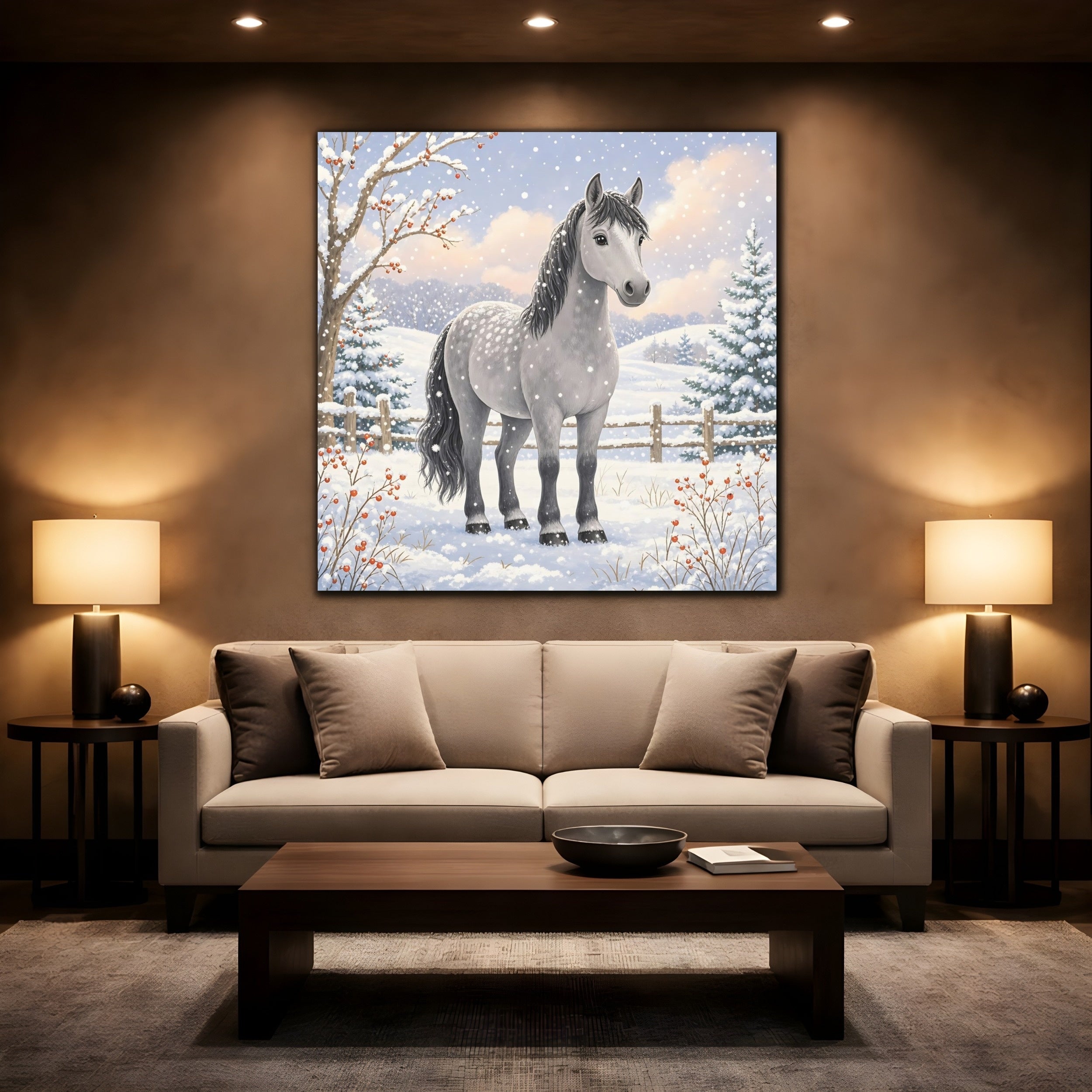 Mockup 2. Animals Horse Winter Grey Horse shown as stretched canvas wall art