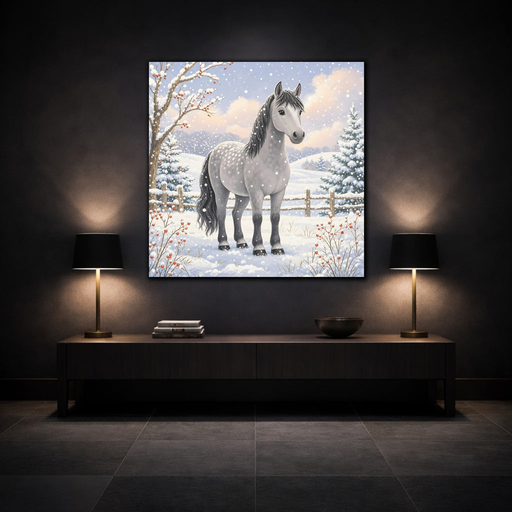 Mockup 3. Animals Horse Winter Grey Horse shown as stretched canvas wall art