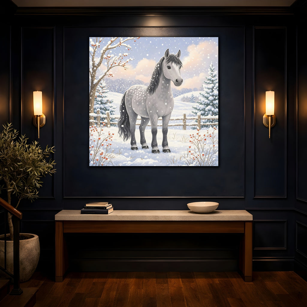 Mockup 4. Animals Horse Winter Grey Horse shown as stretched canvas wall art