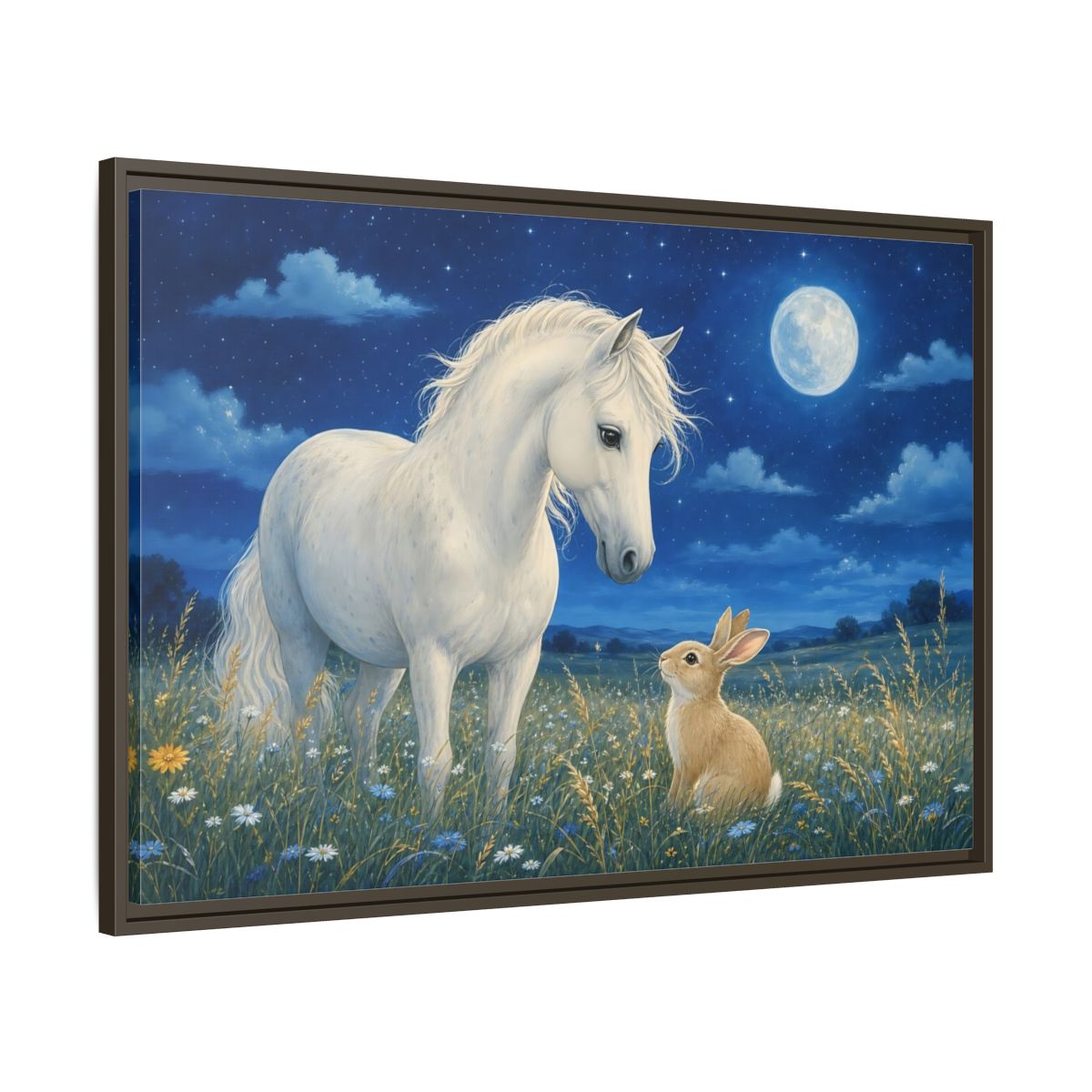 Main Mockup. Animals Horse, Rabbit Blue Night Animals shown as stretched canvas wall art