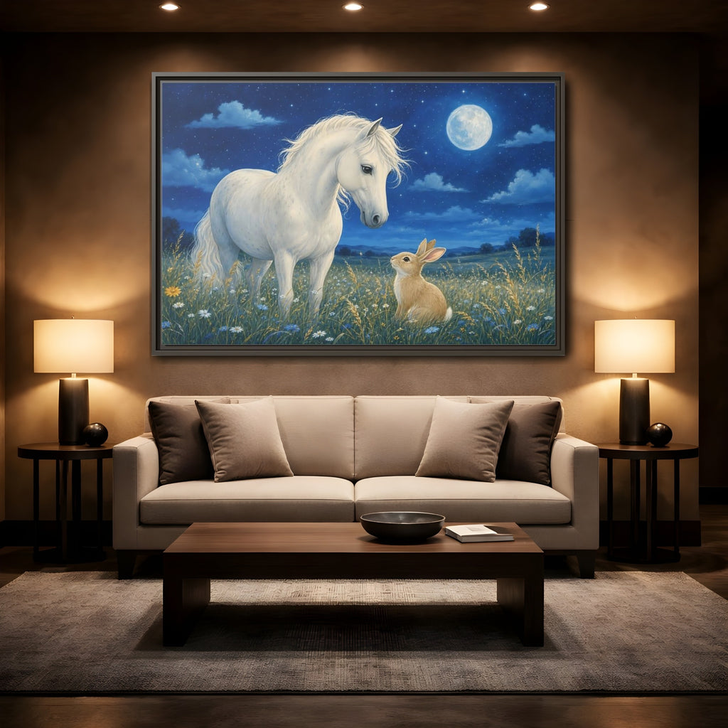 Mockup 2. Animals Horse, Rabbit Blue Night Animals shown as stretched canvas wall art