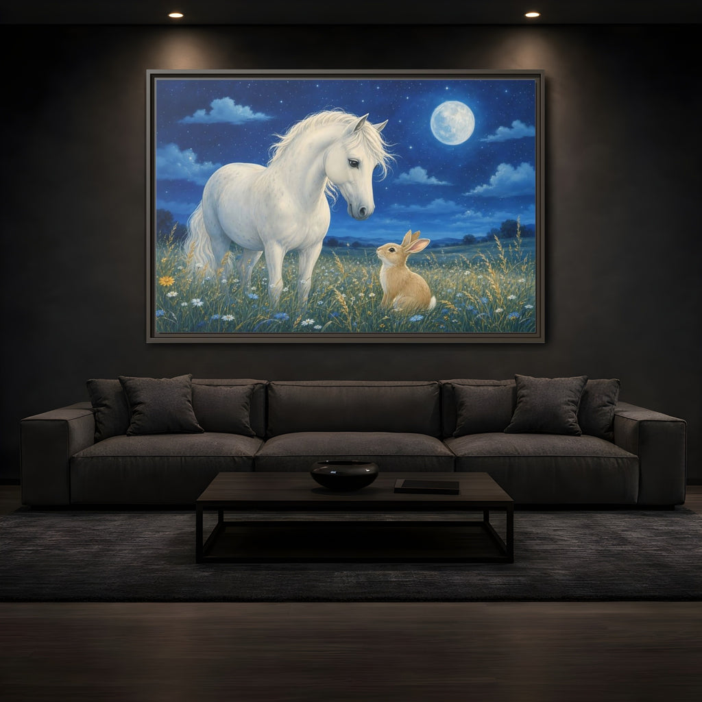 Mockup 3. Animals Horse, Rabbit Blue Night Animals shown as stretched canvas wall art