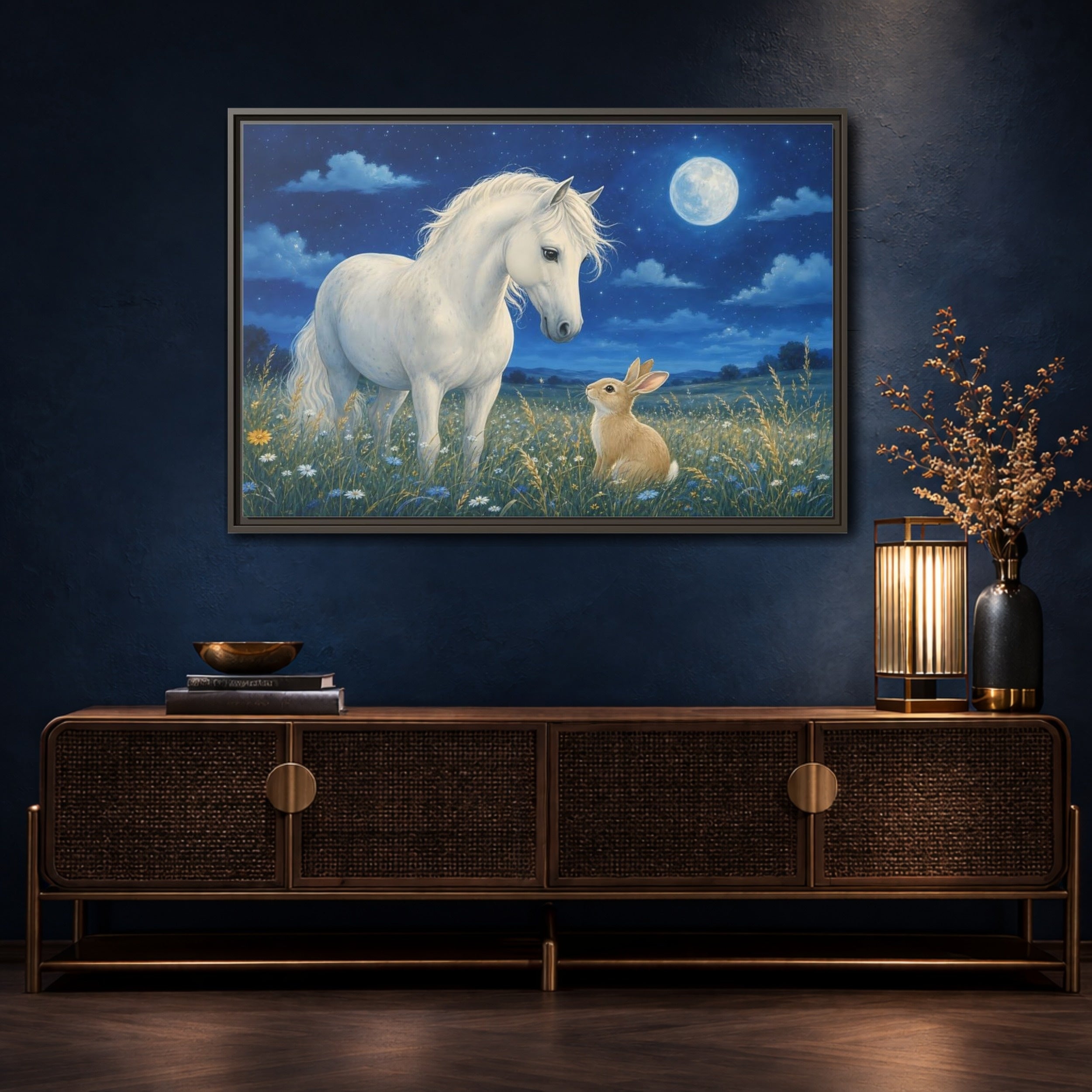Mockup 4. Animals Horse, Rabbit Blue Night Animals shown as stretched canvas wall art
