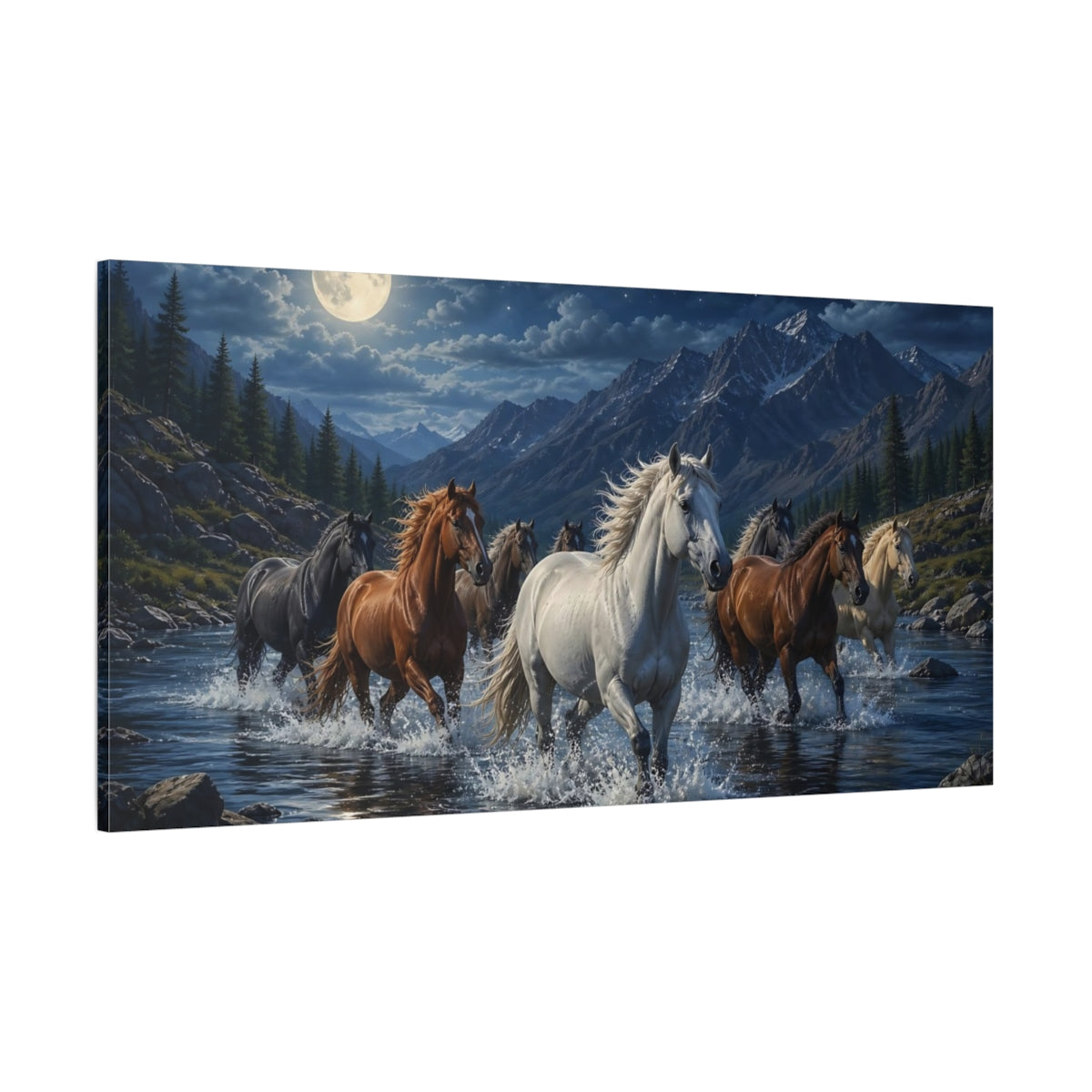 Side Mockup 2. Animals Horses Blue Night Horses shown as stretched canvas wall art