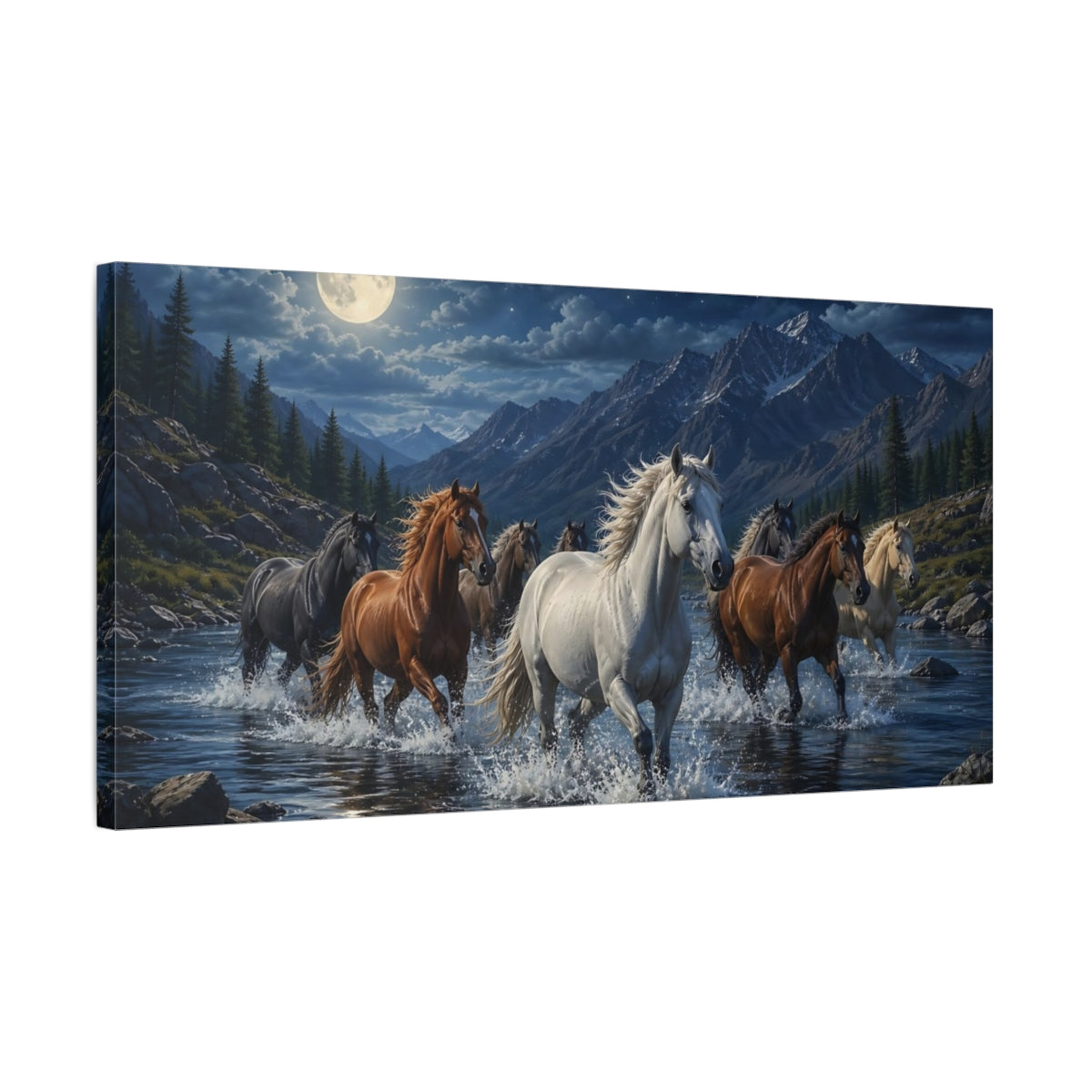 Side Mockup 1. Animals Horses Blue Night Horses shown as stretched canvas wall art