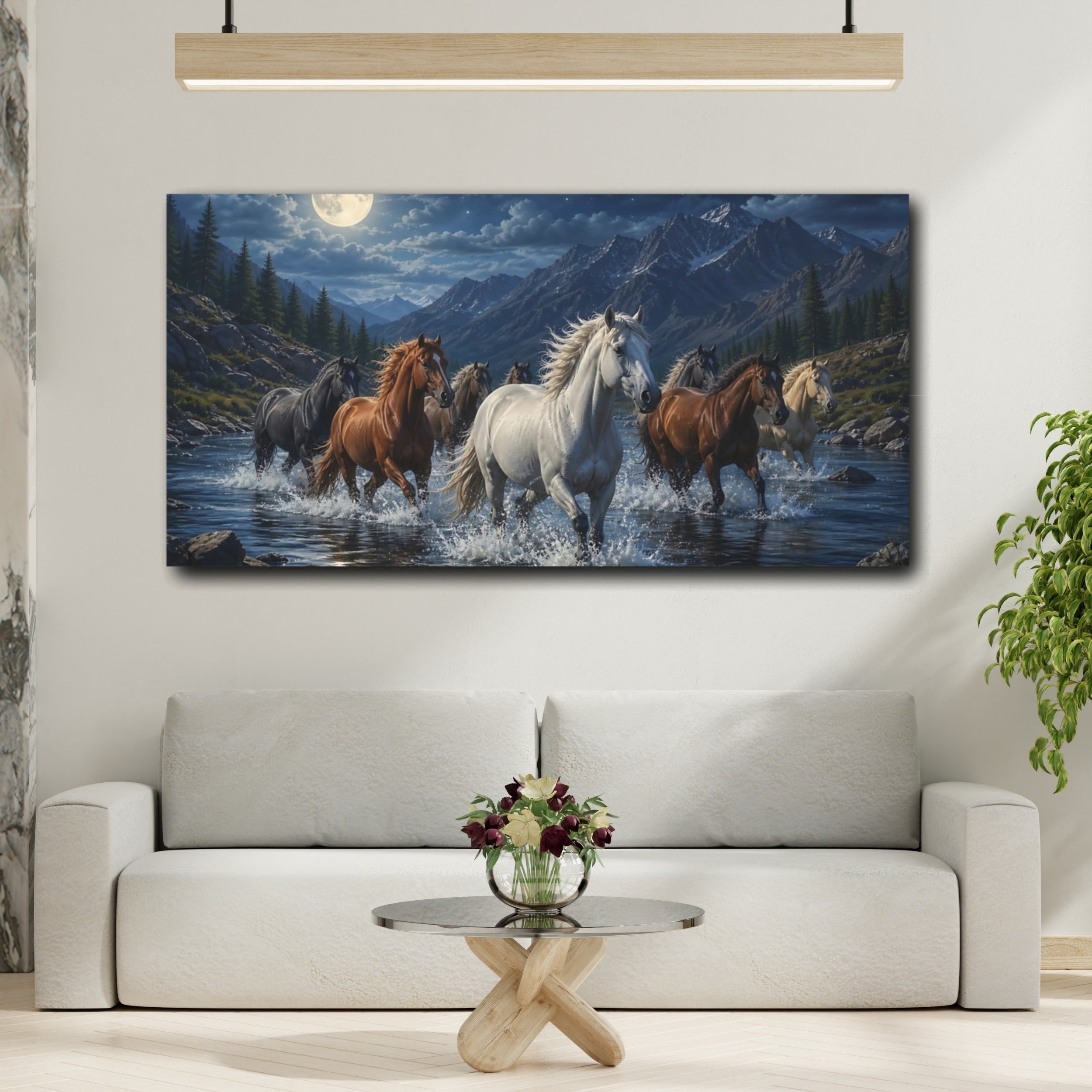 Mockup 2. Animals Horses Blue Night Horses shown as stretched canvas wall art