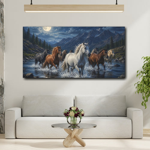 Mockup 2. Animals Horses Blue Night Horses shown as stretched canvas wall art