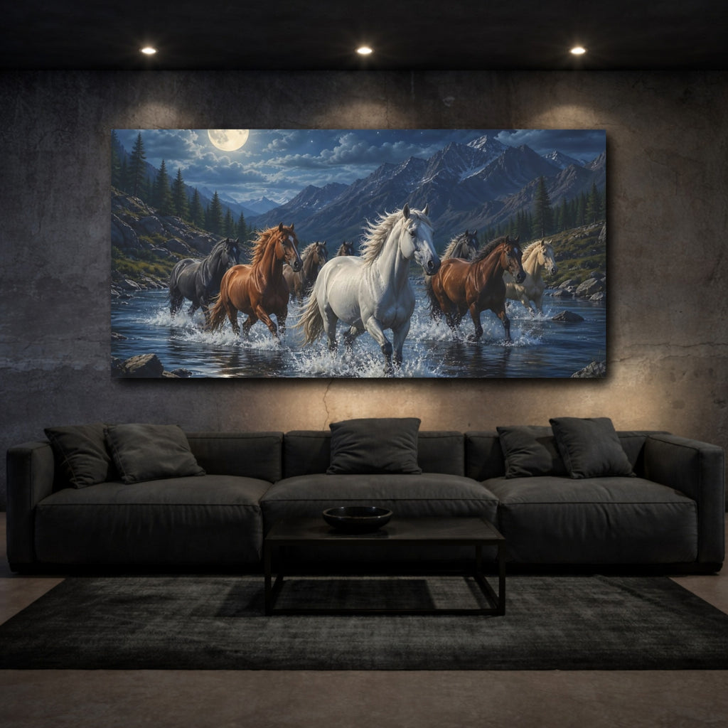 Mockup 3. Animals Horses Blue Night Horses shown as stretched canvas wall art