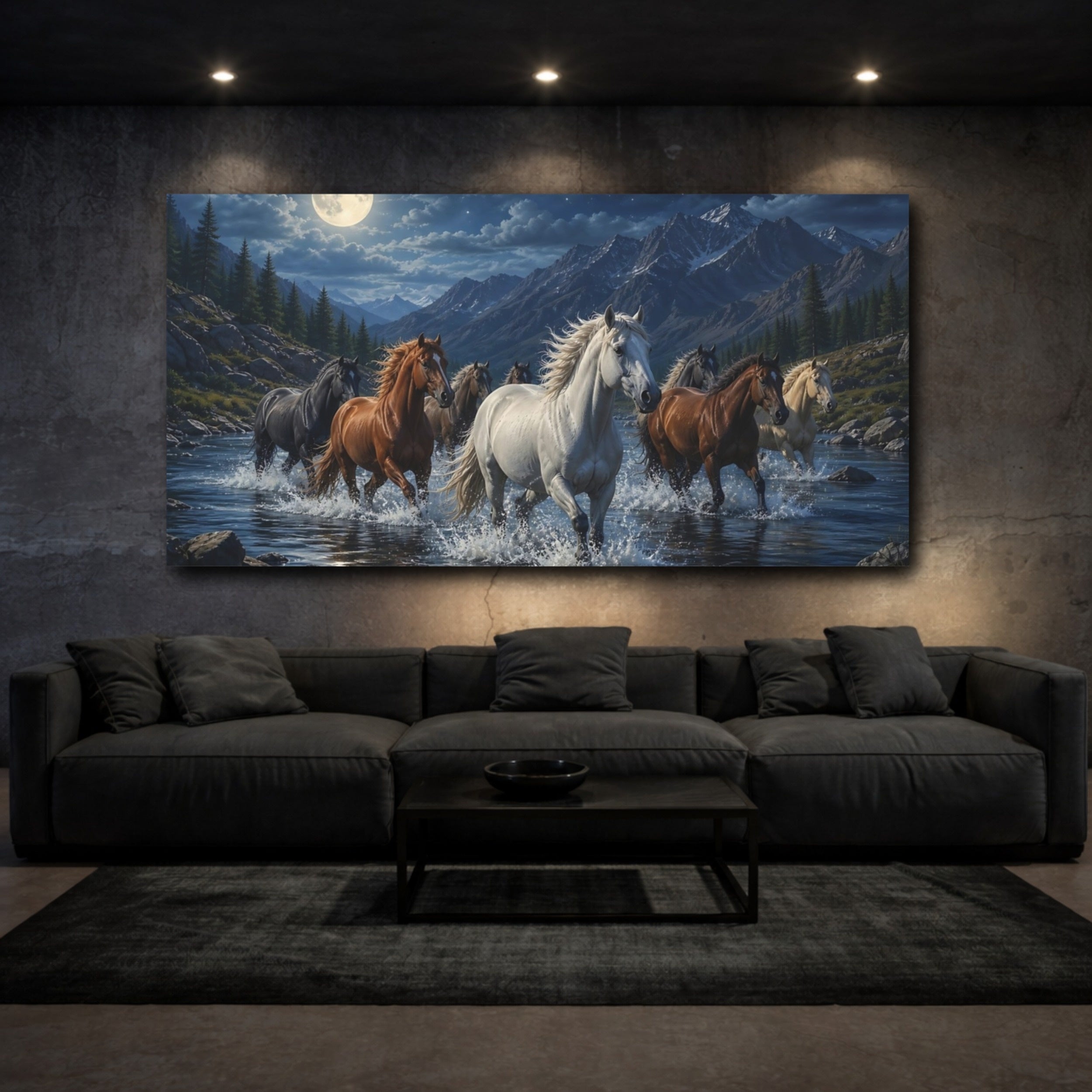 Mockup 3. Animals Horses Blue Night Horses shown as stretched canvas wall art