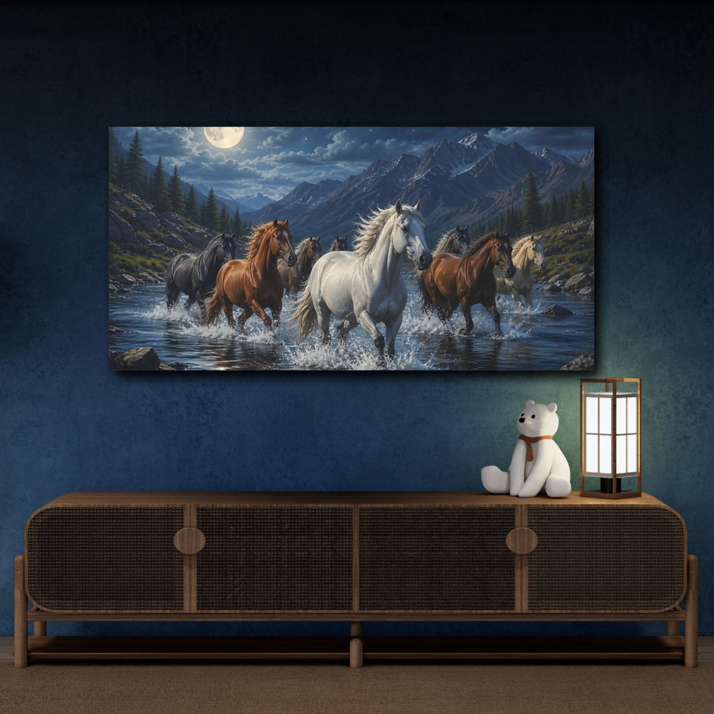 Mockup 4. Animals Horses Blue Night Horses shown as stretched canvas wall art