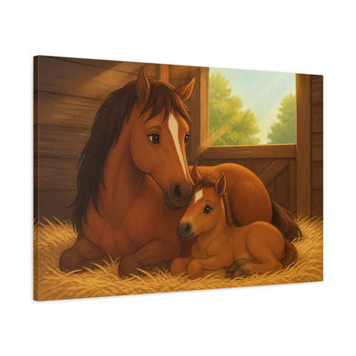 Main Mockup. Animals Horses Brown And Gold shown as stretched canvas wall art
