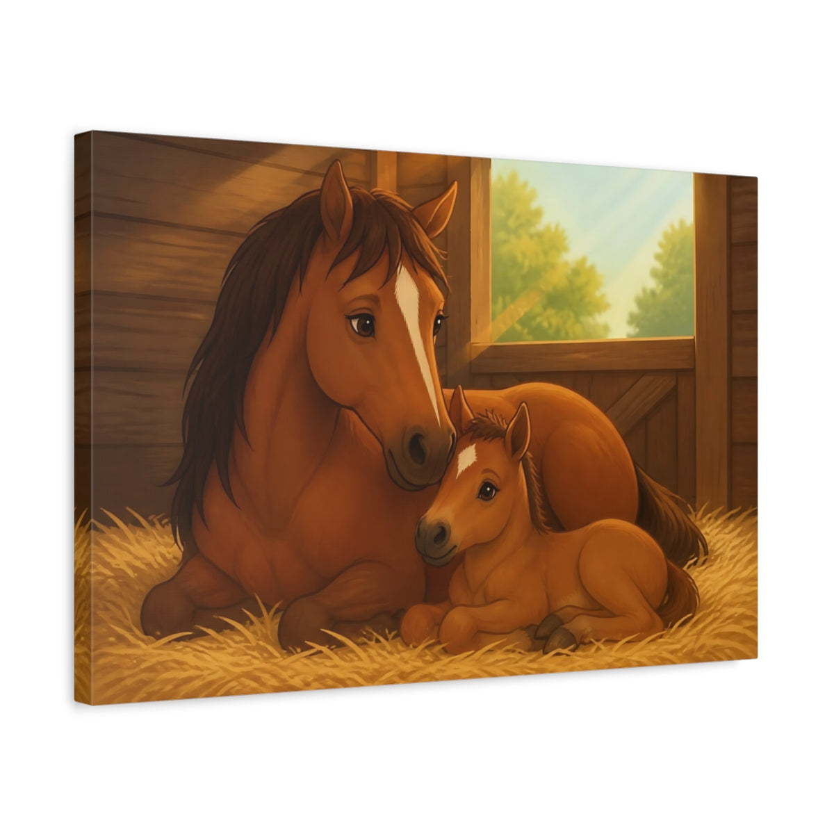 Side Mockup 3. Animals Horses Brown And Gold shown as stretched canvas wall art
