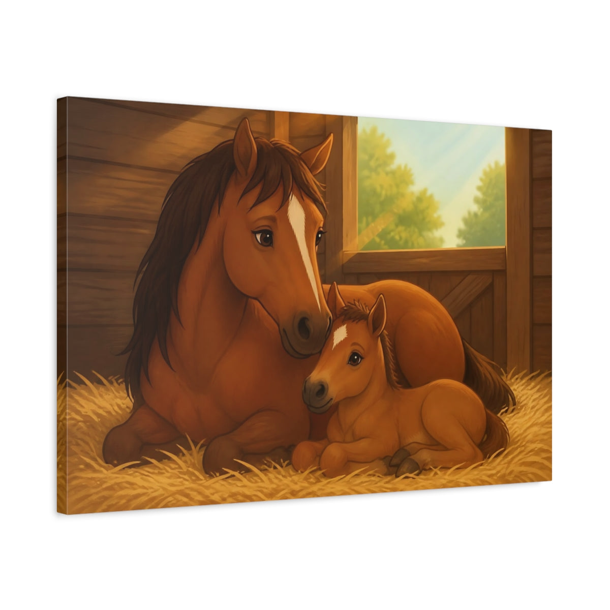 Side Mockup 2. Animals Horses Brown And Gold shown as stretched canvas wall art